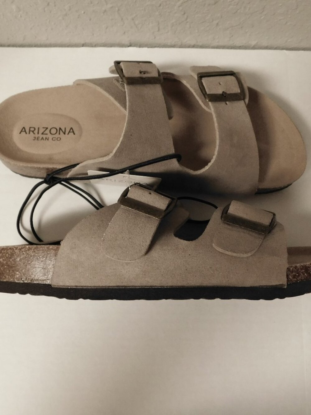 ARIZONA JEAN CO Taupe Double Buckle Slide Sandals Faux Leather Beachy Casual 7 - Picture 8 of 12